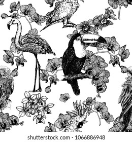 Seamless pattern of hand drawn sketch style exotic flowers and birds isolated on white background. Vector illustration.