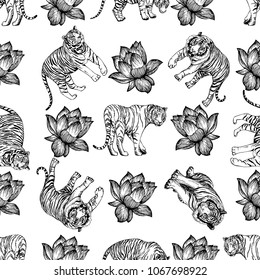 Seamless pattern of hand drawn sketch style lotus flowers and tigers isolated on white background. Vector illustration.