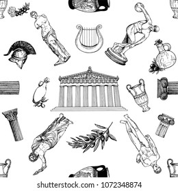 Seamless pattern of hand drawn sketch style Greek themed objects isolated on white background. Vector illustration.