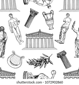 Seamless pattern of hand drawn sketch style Greek themed objects isolated on white background. Vector illustration.