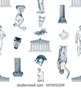 Seamless pattern of hand drawn sketch style Greek themed objects isolated on white background. Vector illustration.