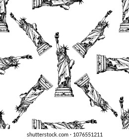Seamless pattern of hand drawn sketch style Statue of Liberty. Vector illustration isolated on white background.