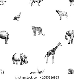 Seamless pattern of hand drawn sketch style animals and bird isolated on white background. Vector illustration.