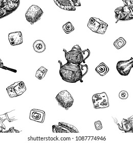 Seamless pattern of hand drawn sketch style Turkish delight, food, tea and coffee isolated on white background. Vector illustration.