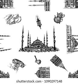 Patrón transparente de boceto dibujado a mano estilo objetos relacionados con Turquía aislados en fondo blanco. Ilustración vectorial.