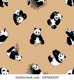 Seamless pattern of hand drawn sketch style isolated giant pandas. Vector illustration.