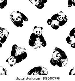 Seamless pattern of hand drawn sketch style giant pandas isolated on white background. Vector illustration.