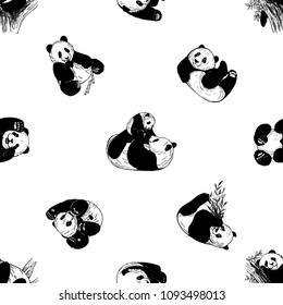 Seamless pattern of hand drawn sketch style giant pandas isolated on white background. Vector illustration.