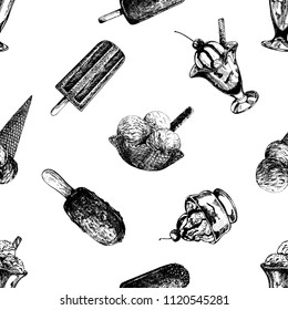 Seamless pattern of hand drawn sketch style ice cream isolated on white background. Vector illustration.