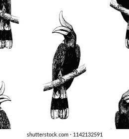 Seamless pattern of hand drawn sketch style rhinoceros hornbills isolated on white background. Vector illustration.