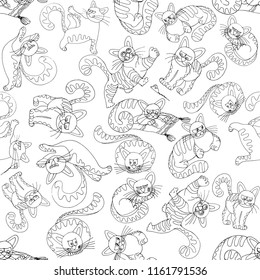 Seamless pattern of hand drawn sketch style funny cats isolated on white background. Vector illustration.