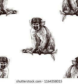 Seamless pattern of hand drawn sketch style squirrel monkeys isolated on white background. Vector illustration.