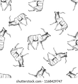 Seamless pattern of hand drawn sketch style lesser kudu antelope isolated on white background. Vector illustration.