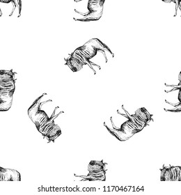 Seamless pattern of hand drawn sketch style wildebeest isolated on white background. Vector illustration.