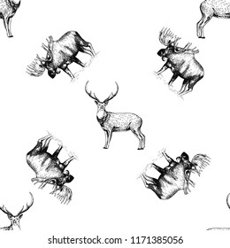 Seamless pattern of hand drawn sketch style moose and deer isolated on white background. Vector illustration.