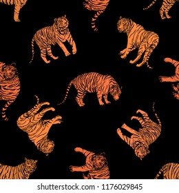 Seamless pattern of hand drawn sketch style tigers. Vector illustration isolated on black background.