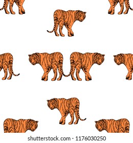 Seamless pattern of hand drawn sketch style tigers. Vector illustration isolated on white background.