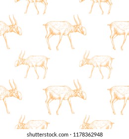 Seamless pattern of hand drawn sketch style saiga antelopes isolated on white background. Vector illustration.