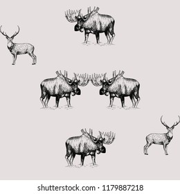 Seamless pattern of hand drawn sketch style moose and deer isolated on white background. Vector illustration.