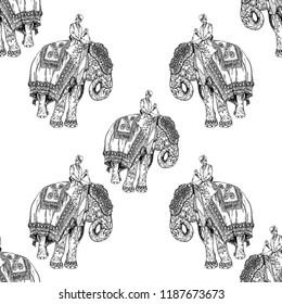Seamless pattern of hand drawn sketch style elephant with an Indian man sitting on it isolated on white background. Vector illustration.