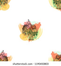 Seamless pattern of hand drawn sketch style elephant with an Indian man sitting on it isolated on white background. Vector illustration.