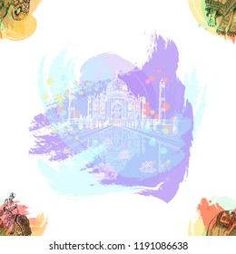 Seamless pattern of hand drawn sketch style Taj Mahal and elephant with an Indian man sitting on it isolated on white background. Vector illustration.