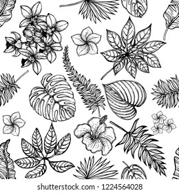 Seamless pattern of hand drawn sketch style flowers and plants isolated on white background. Vector illustration.