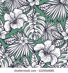 Seamless pattern of hand drawn sketch style flowers and plants. Vector illustration.
