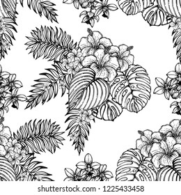 Seamless pattern of hand drawn sketch style flowers and plants isolated on white background. Vector illustration.