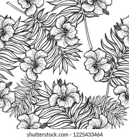 Seamless pattern of hand drawn sketch style flowers and plants isolated on white background. Vector illustration.