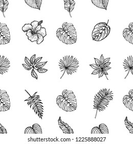 Seamless pattern of hand drawn sketch style flowers and plants isolated on white background. Vector illustration.