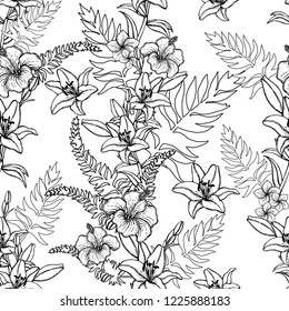 Seamless pattern of hand drawn sketch style flowers and plants isolated on white background. Vector illustration.