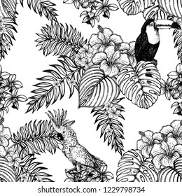 Seamless pattern of hand drawn sketch style flowers and plants isolated on white background. Vector illustration.