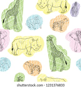 Seamless pattern of hand drawn sketch style. African animals. Vector illustration isolated on white background. African motives for fabrics , textile, wallpaper. Safari, savanna animals pattern
