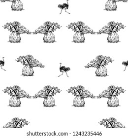 Seamless pattern of hand drawn sketch style baobab trees and ostrich isolated on white background. Vector illustration.