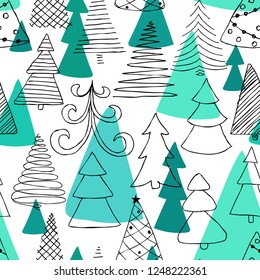 Seamless pattern of hand drawn Sketch Christmas tree. design holiday greeting cards and invitations of the Merry Christmas and Happy New Year, seasonal winter holidays.