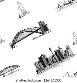 Seamless pattern of hand drawn sketch style Australia themed objects isolated on white background. Vector illustration.
