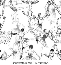 Seamless pattern of hand drawn sketch style abstract ballet dancers isolated on white background. Vector illustration.
