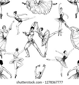 Seamless pattern of hand drawn sketch style abstract ballet dancers isolated on white background. Vector illustration.