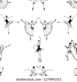 Seamless pattern of hand drawn sketch style abstract ballet dancers isolated on white background. Vector illustration.