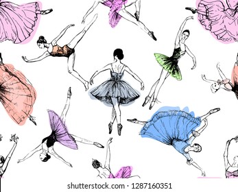 Seamless pattern of hand drawn sketch style abstract ballet dancers isolated on white background. Vector illustration.