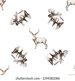 Seamless pattern of hand drawn sketch style moose and deer isolated on white background. Vector illustration.