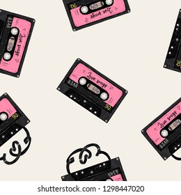 Seamless pattern with hand drawn sketch audio tapes with love songs and heart tapes in retro 80s style on beige background. Best for valentines day wrapping, love cards