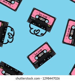 Seamless pattern with hand drawn sketch doodle audio tapes with love songs and heart tapes in retro 80s style on beige background. Best for valentines day wrapping, love cards