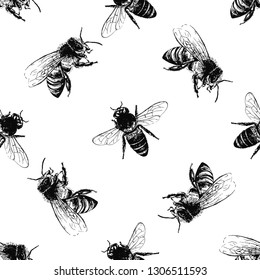 Seamless pattern of hand drawn sketch style bees isolated on white background. Vector illustration.