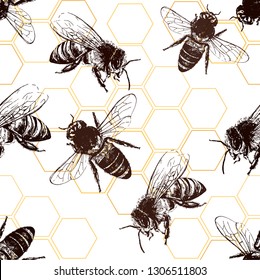 Seamless pattern of hand drawn sketch style bees and honeycombs. Vector illustration.