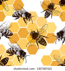 Seamless pattern of hand drawn sketch style bees and honeycombs. Vector illustration.