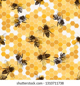 Seamless pattern of hand drawn sketch style bees and honeycombs. Vector illustration.