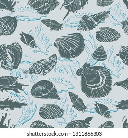 Seamless pattern of hand drawn sketch with seashells and waves. Dark green elements on  light aquamarine  background. Vector illustration.