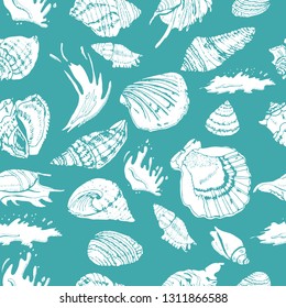 Seamless pattern of hand drawn sketch with seashells and waves. White elements on  aquamarine  background. Vector illustration.